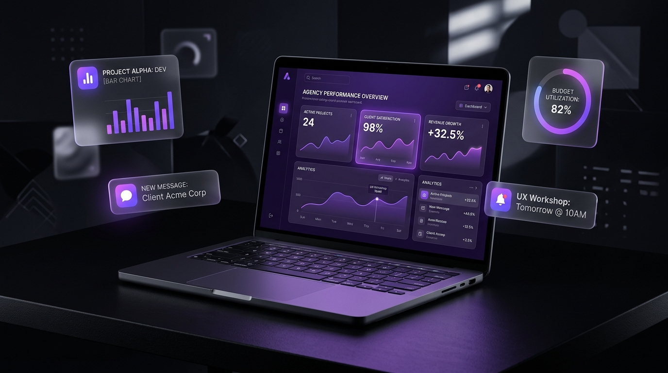 Premium dashboard UI on laptop screen showcasing Genievation's digital products